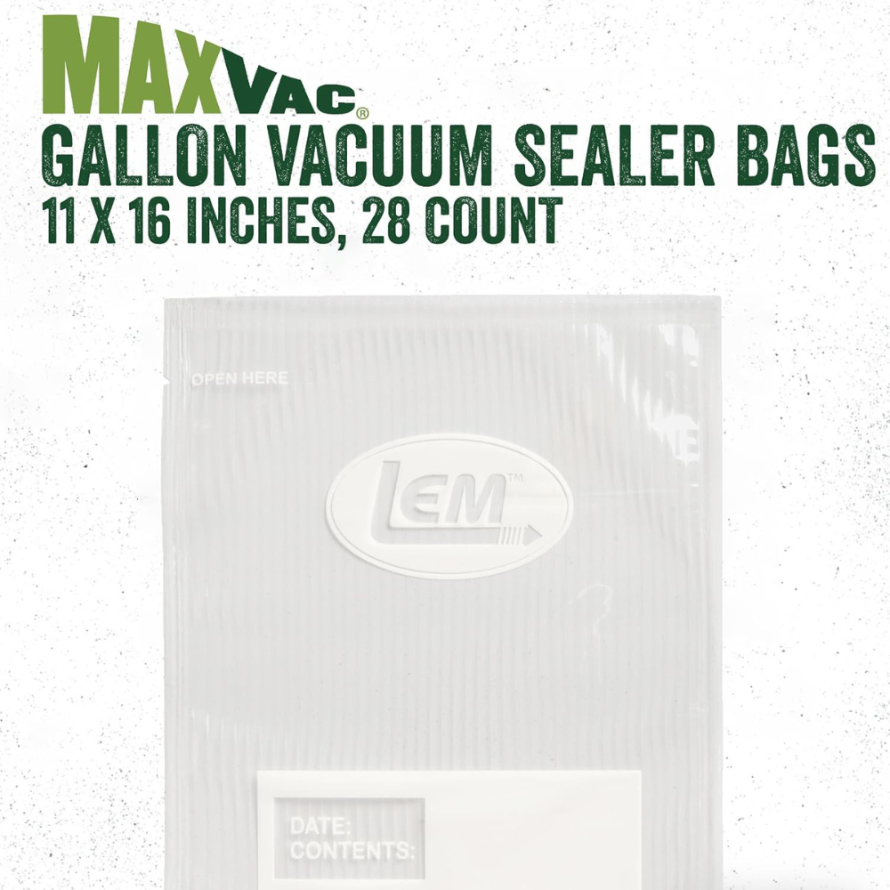 MaxVac gallon vacuum sealer bags packaging with LEM logo on a white background