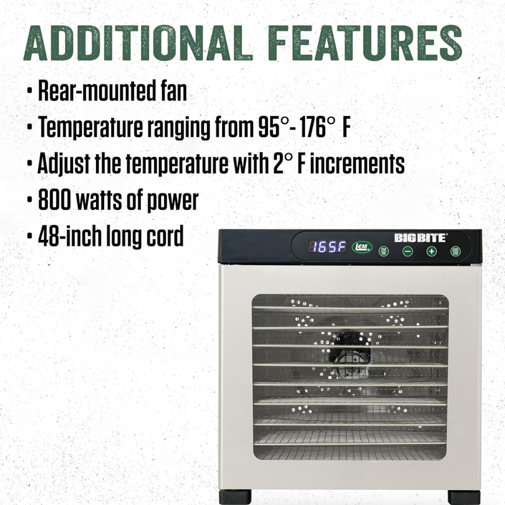 Lem Products Big Bite 10 Tray Dehydrator with Digital Timer Stainless Steel