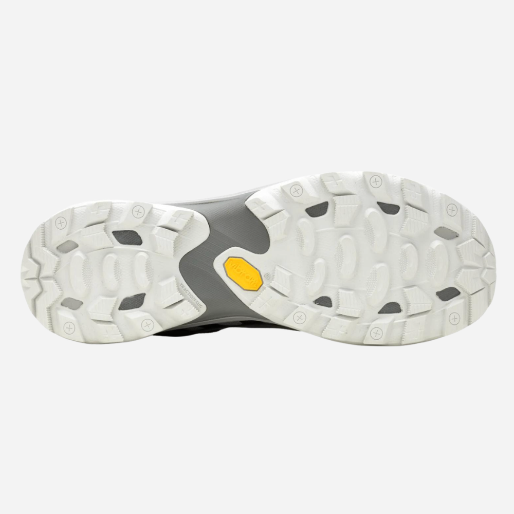 Close-up of a shoe sole with a white tread pattern on a light gray background