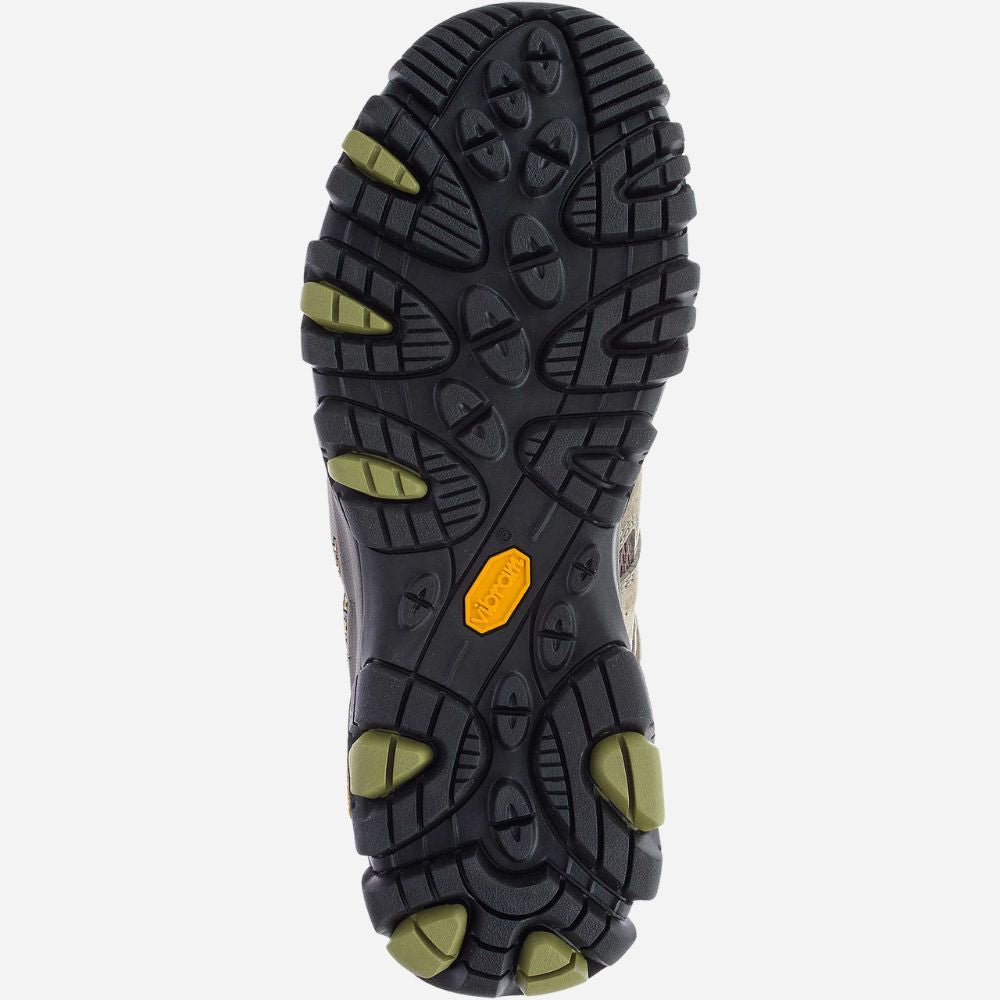 Close-up of a hiking boot sole with tread pattern and orange accents on a white background