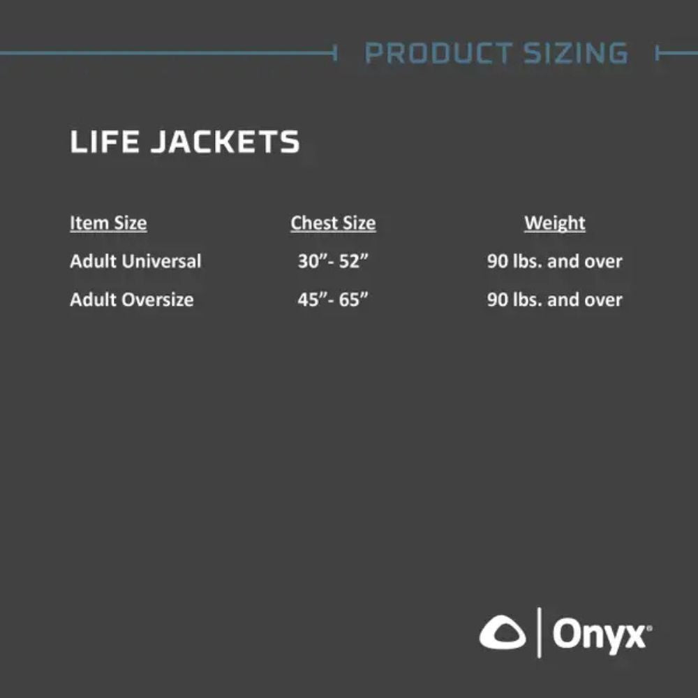 Product sizing chart for life jackets with Onyx logo