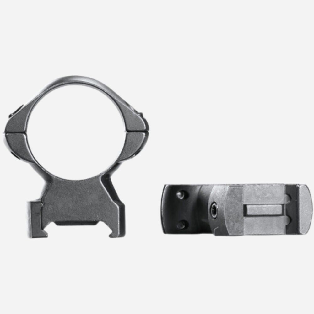 Two metallic rifle scope rings on a white background