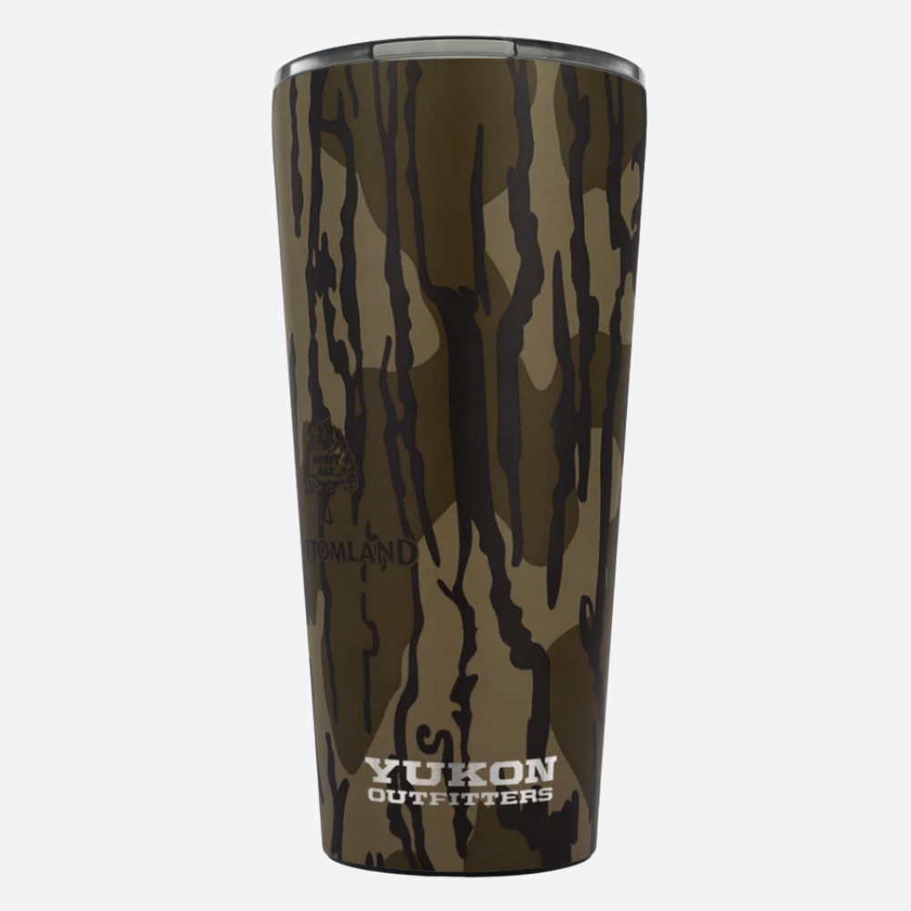 Camouflage-patterned tumbler with 'Yukon Outfitters' branding on a white background