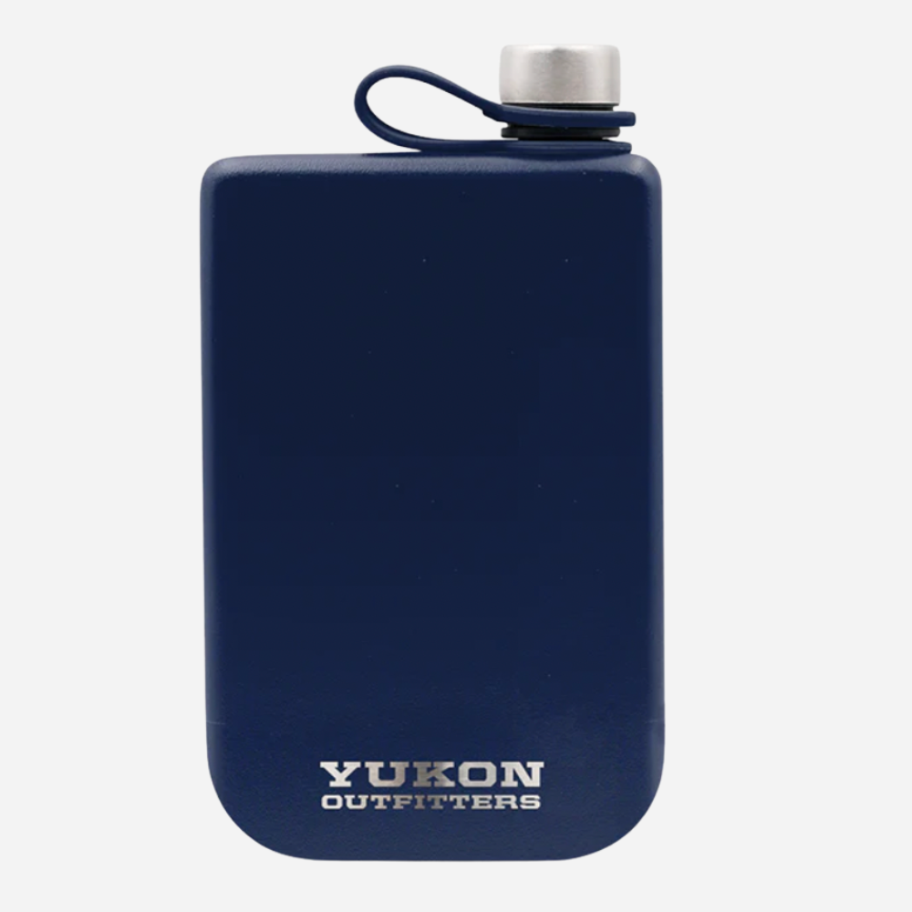 Navy blue flask with Yukon Outfitters logo on a white background