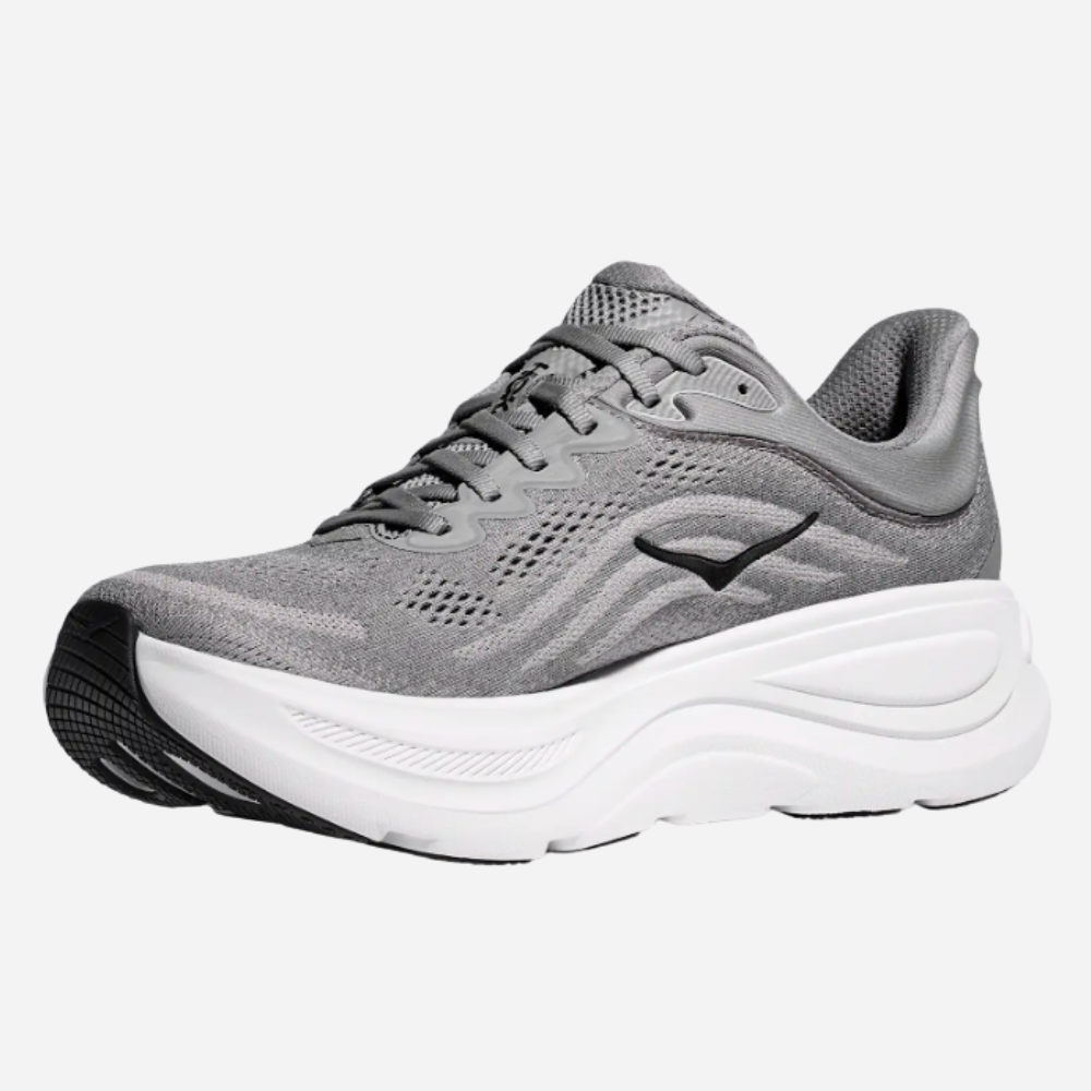 Gray running shoe with white sole on a white background