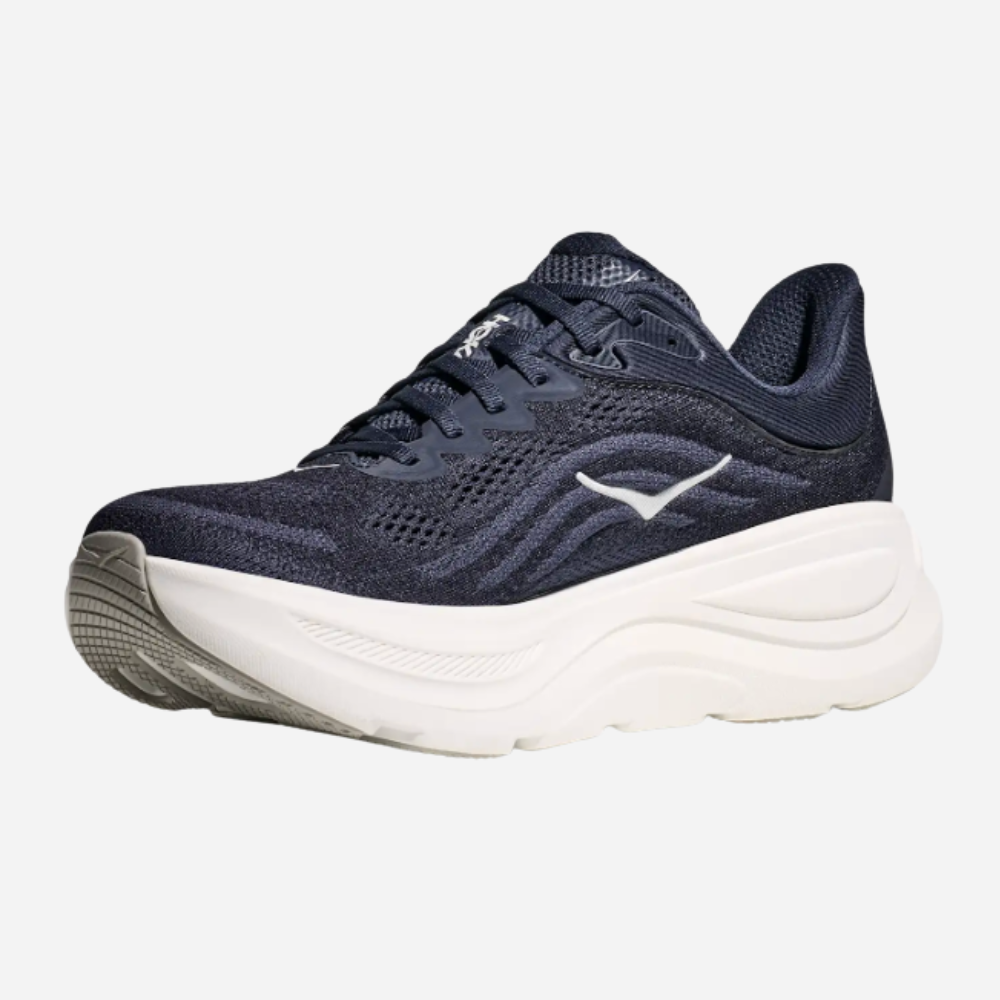 Navy running shoe with white sole on a light gray background