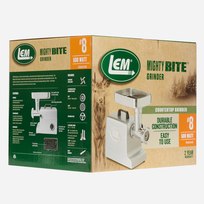 LEM Mighty Bite Grinder packaging with product and branding details.