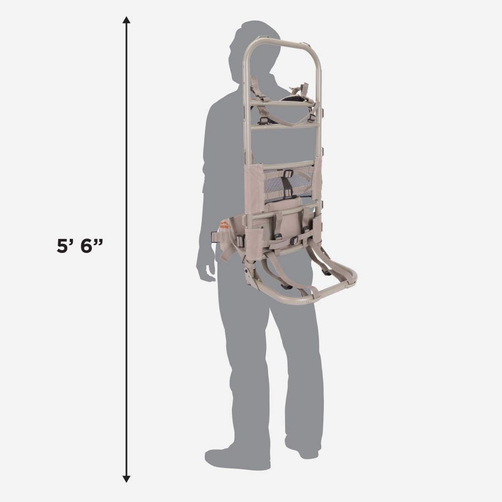 Person wearing a full-body harness with dimensions indicated on a white background