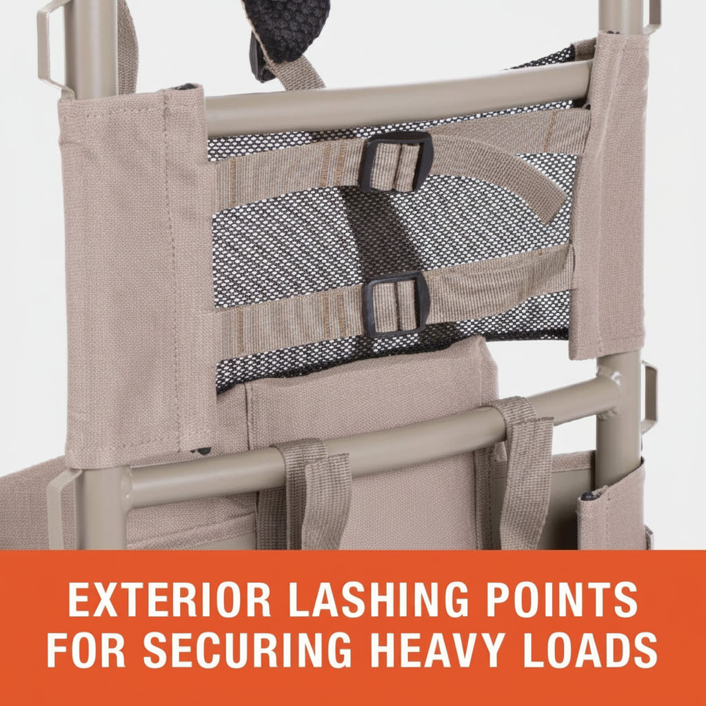 Close-up of a luggage strap system with text indicating exterior lashing points for securing heavy loads.