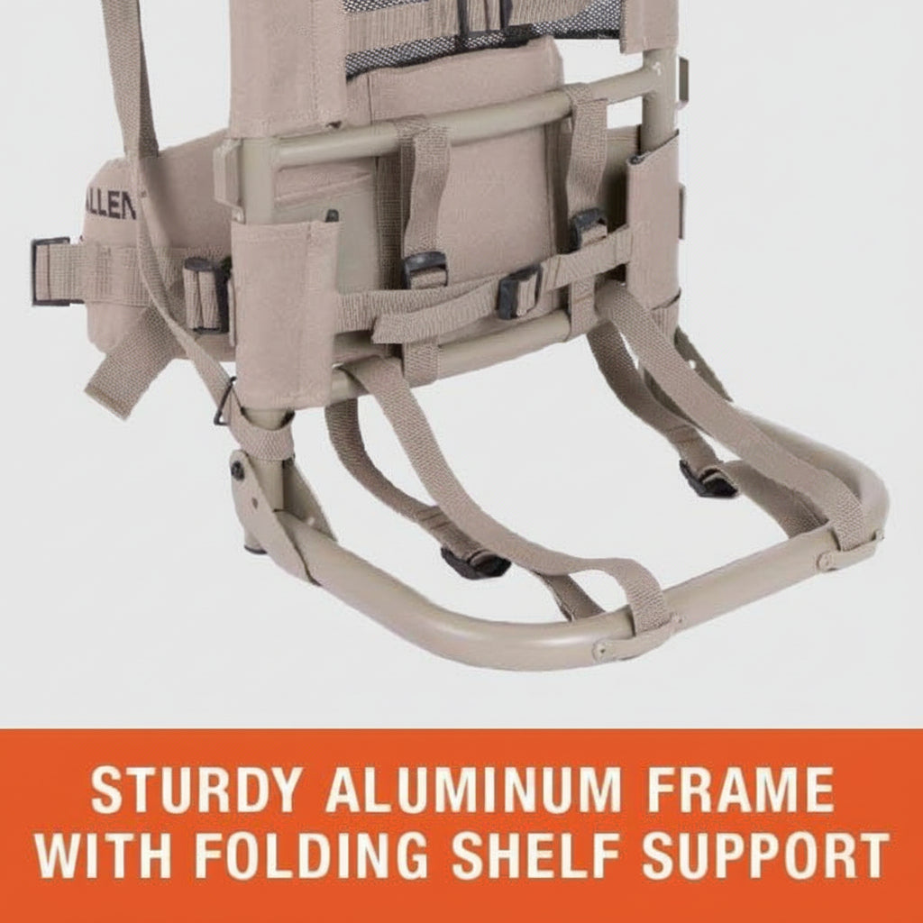 Beige camping chair with folding shelf support on a white background