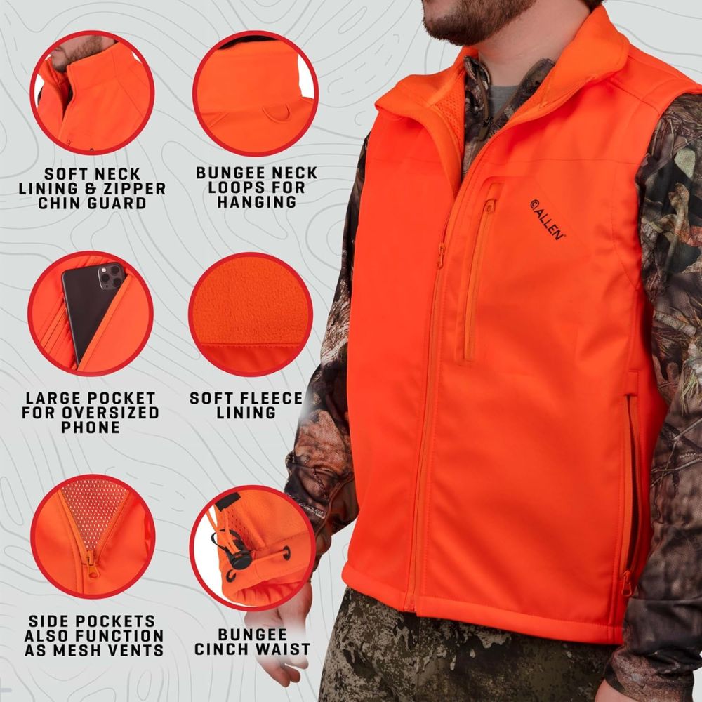Orange hunting vest with features highlighted on a white background