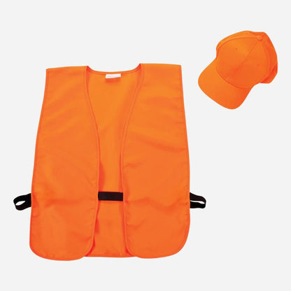 Orange hunting vest and cap on a white background