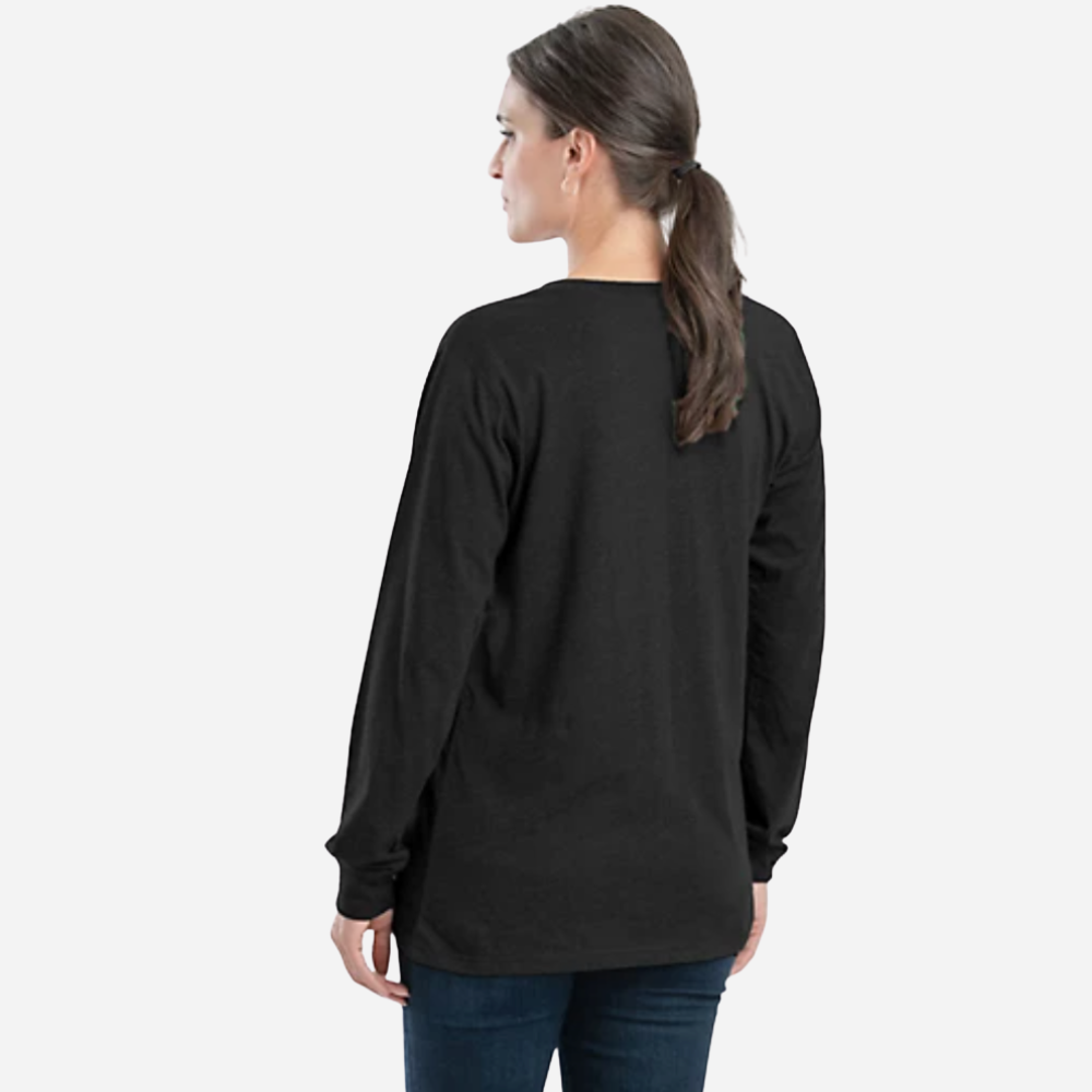 Person wearing a black long-sleeve shirt on a white background