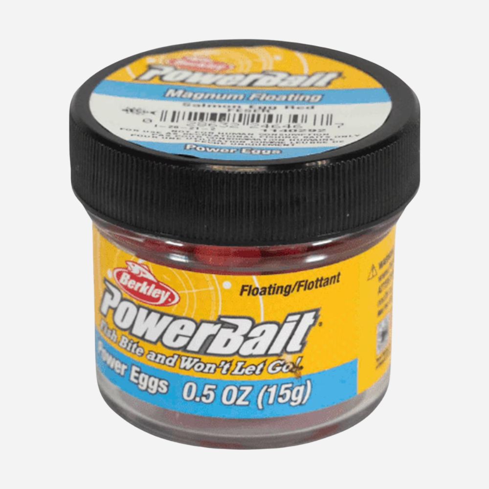 Berkley PowerBait jar with yellow label and black lid on a white background