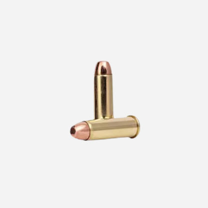 Two gold-colored bullets on a white background