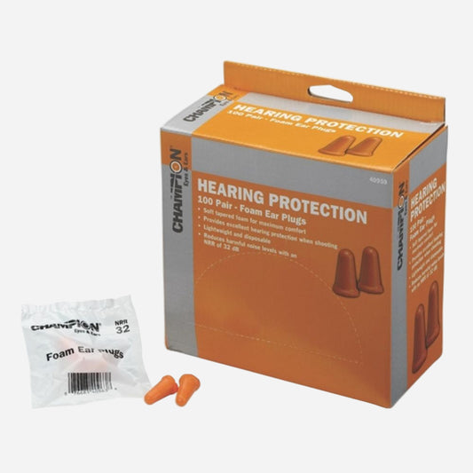 Box of Champion foam ear plugs with ear plugs on a white background