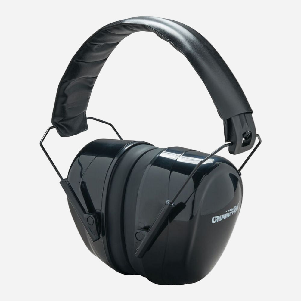 Black ear protection headphones with 'Champion' branding on a white background