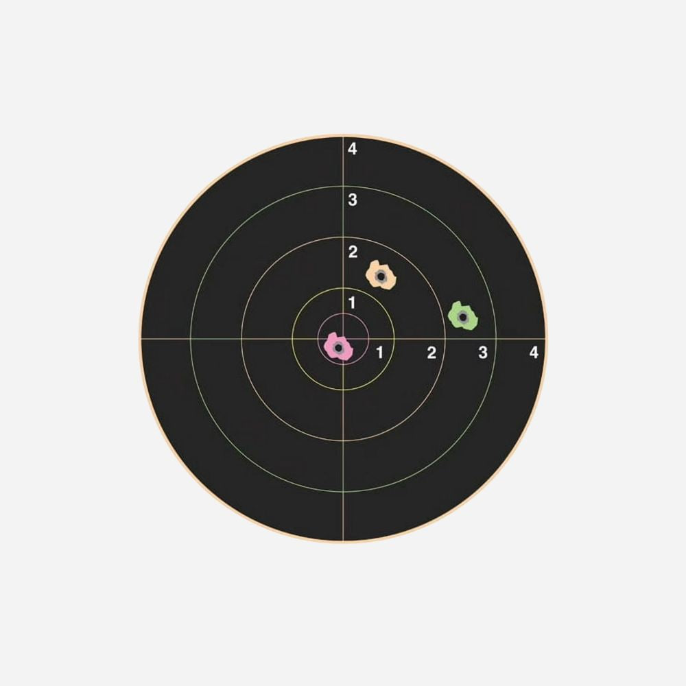 Black target with circular scoring areas on a white background
