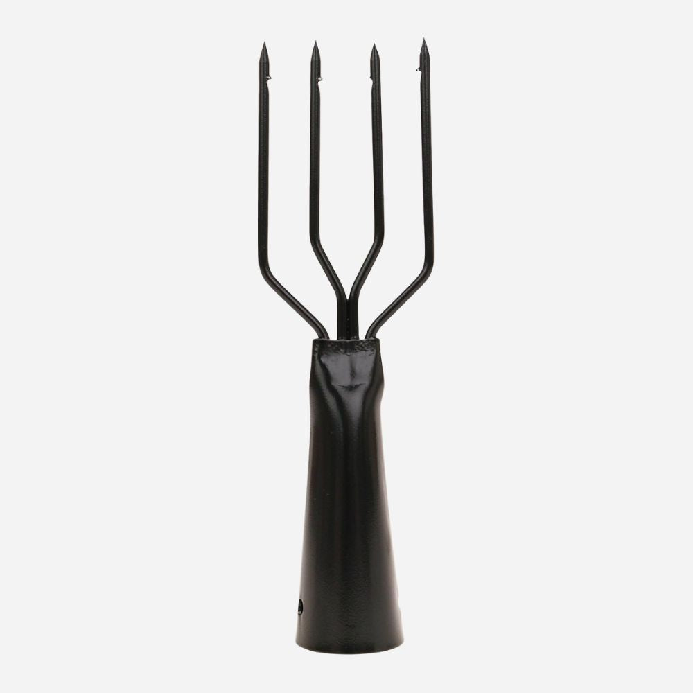 Black metal garden fork on a white background