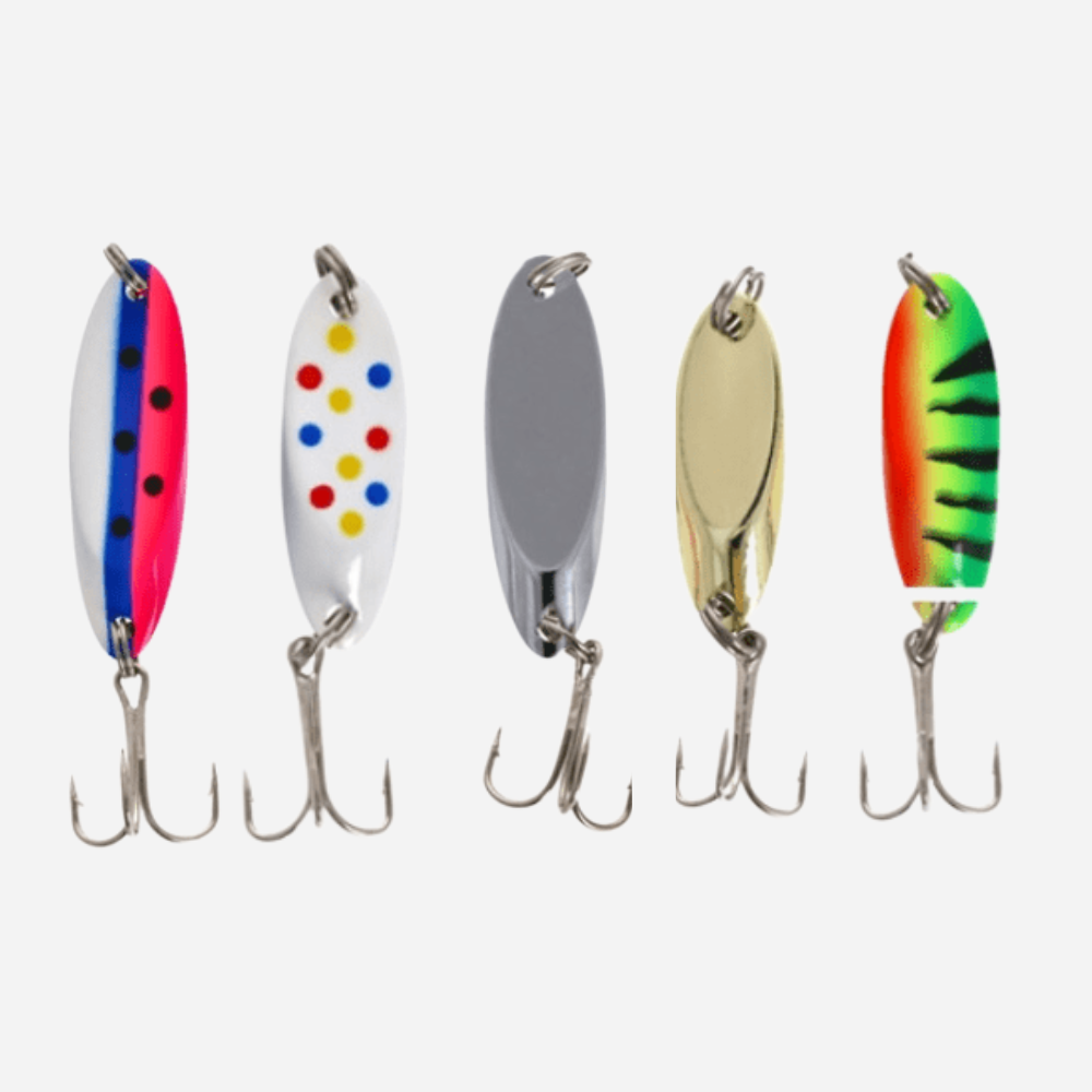 Five colorful fishing lures on a white background
