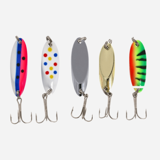 Five colorful fishing lures on a white background