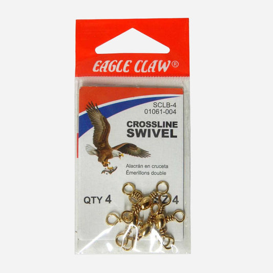 Eagle Claw Crossline Swivel hardware in retail packaging, showing four brass-colored swivels through a clear plastic window on a white and red backing card.