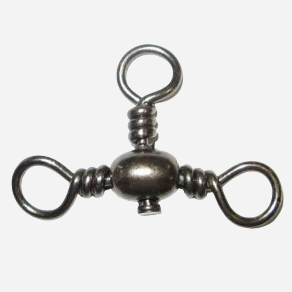 A metal fishing sinker weight with two looped ends and a central ball, shown on a plain light gray background.