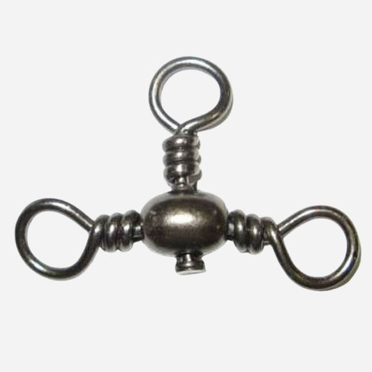 A metal fishing sinker weight with two looped ends and a central ball, shown on a plain light gray background.