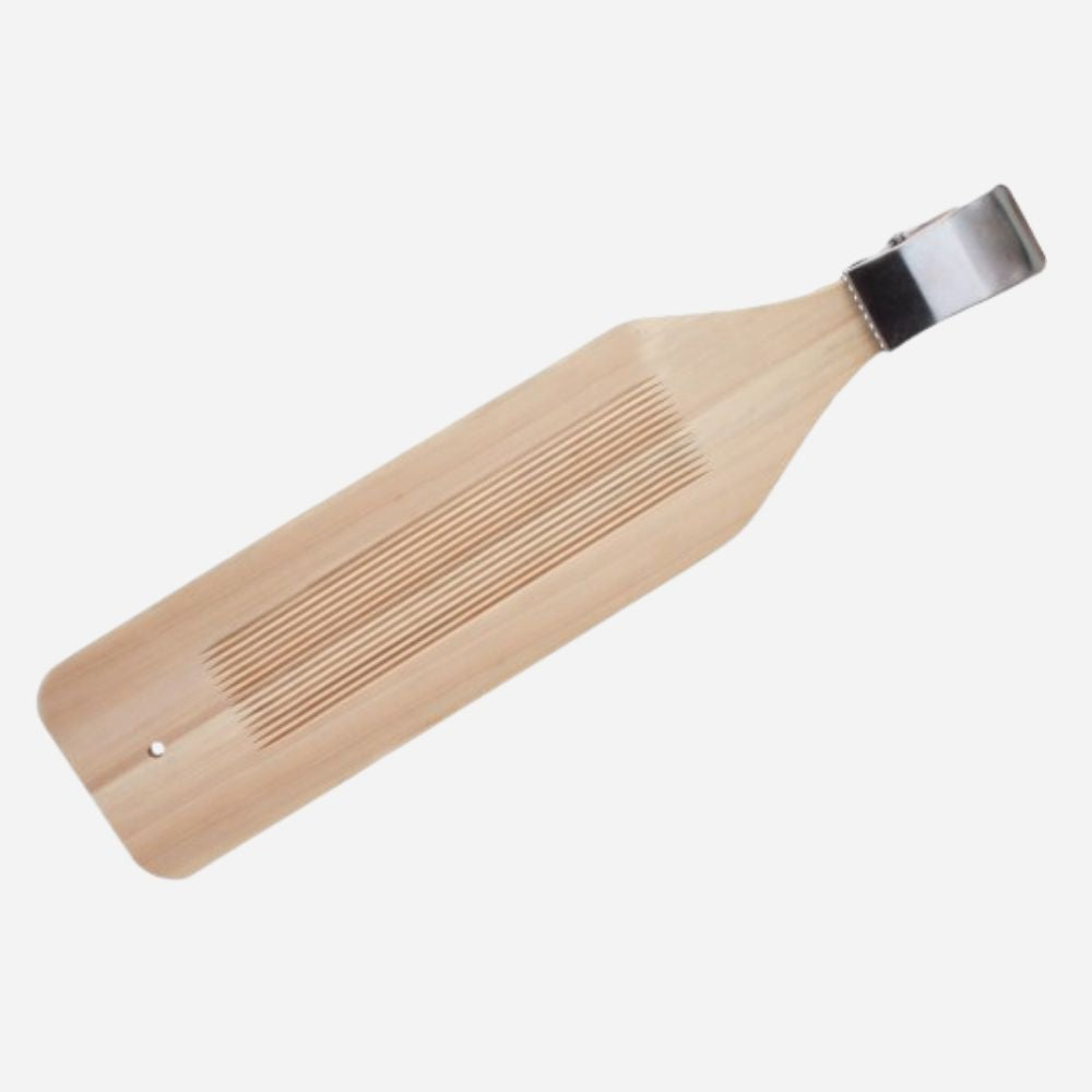 A light natural wood paddle-style tool with a ribbed center and a silver metal cap, shown on a plain light gray background.