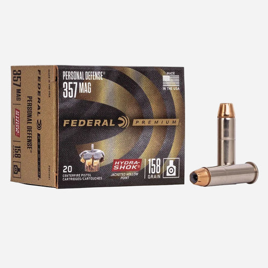 Federal Personal Defense 357 Mag ammunition packaging with bullets on a white background