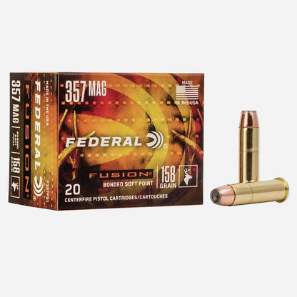 Federal Fusion 357 Mag ammunition box and bullets on a white background