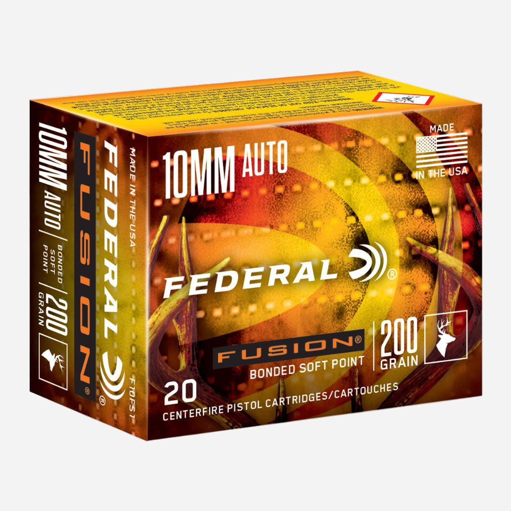 Box of Federal 10mm auto ammunition on a white background