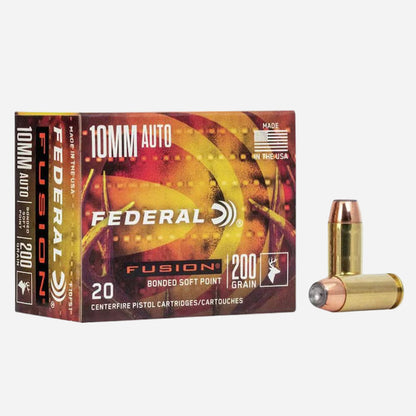 Federal Fusion 10mm auto ammunition box with a bullet on a white background