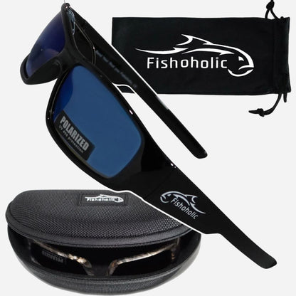 Black polarized sunglasses with blue lenses, shown with a black drawstring pouch and a hard case. The Fishoholic brand name and logo are visible on the glasses, pouch, and case.