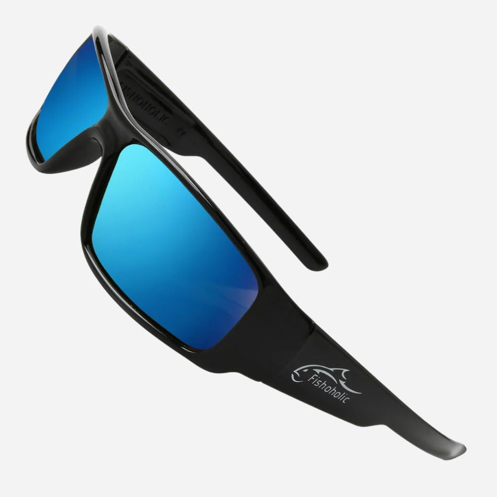 Black wrap-around sunglasses with mirrored blue lenses and a white Fishbolic logo on the temple, shown on a light gray background.