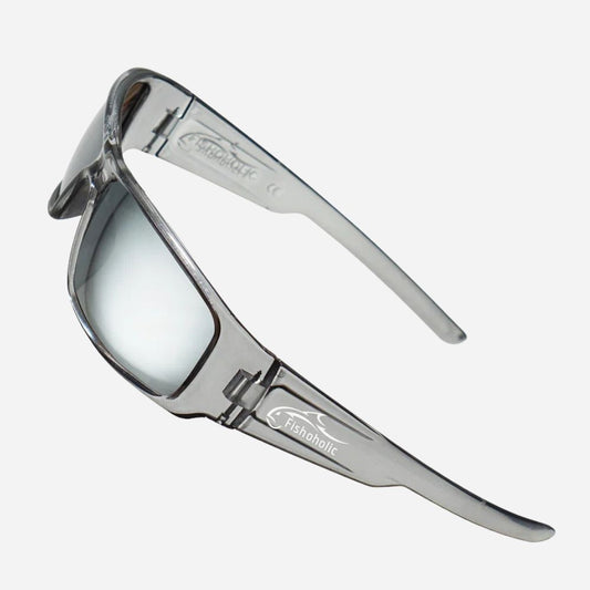 A pair of wrap-around sunglasses with a translucent gray frame and mirrored silver lenses, shown on a light gray background. The brand name 'Echolastic' is visible on the inner temple arm.