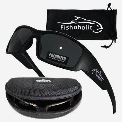 Black polarized sunglasses with a matching black drawstring pouch and hard case, both branded Fishoholic, shown on a light gray background.