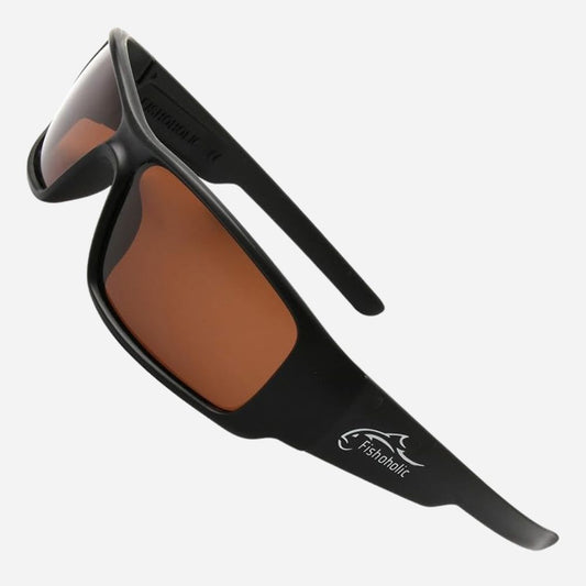 Black wrap-around sunglasses with brown mirrored lenses and a white Fishnook logo on the temple, shown on a light gray background.