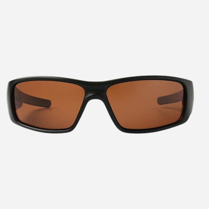 Black wrap-around sunglasses with brown tinted lenses, shown from the front against a light gray background.