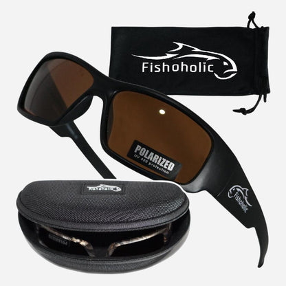 Black polarized sunglasses with brown lenses, shown with a black drawstring pouch and a black hard case. The Fishoholic brand name and fish logo are visible on the glasses, pouch, and case.