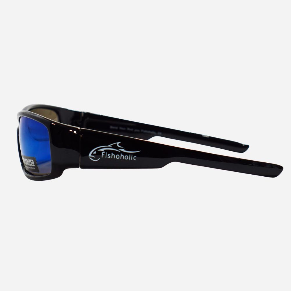 Black wrap-around sunglasses with blue mirrored lenses and a white Fishoholic logo printed on the temple, shown against a light gray background.