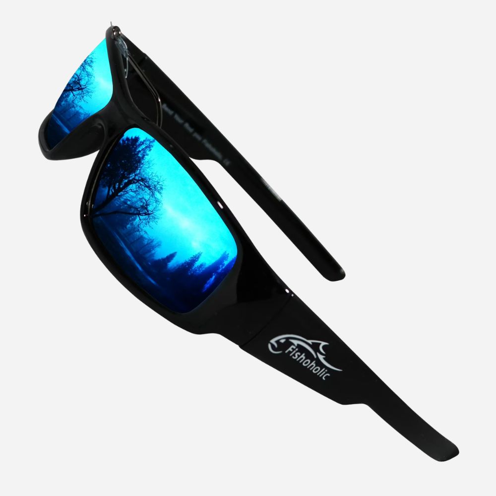 Black wrap-around sunglasses with mirrored blue lenses and a visible Fishbolic logo on the temple, shown on a light gray background.