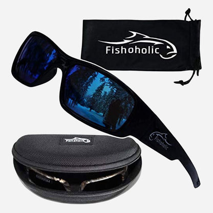 Black Fishoholic sunglasses with blue mirrored lenses, shown with a black drawstring storage pouch and a black hard case on a light gray background.