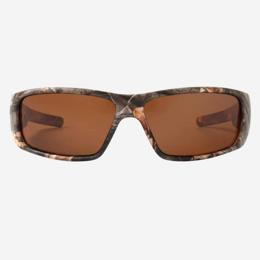 A pair of wraparound sunglasses with a brown and black camouflage patterned frame and warm brown lenses, shown against a light gray background.