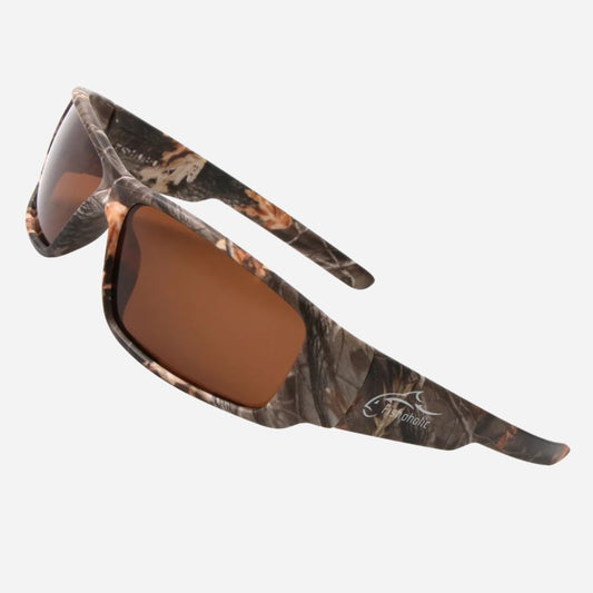 Sport sunglasses with a brown and black camouflage pattern on the frames and brown mirrored lenses, shown on a light gray background.
