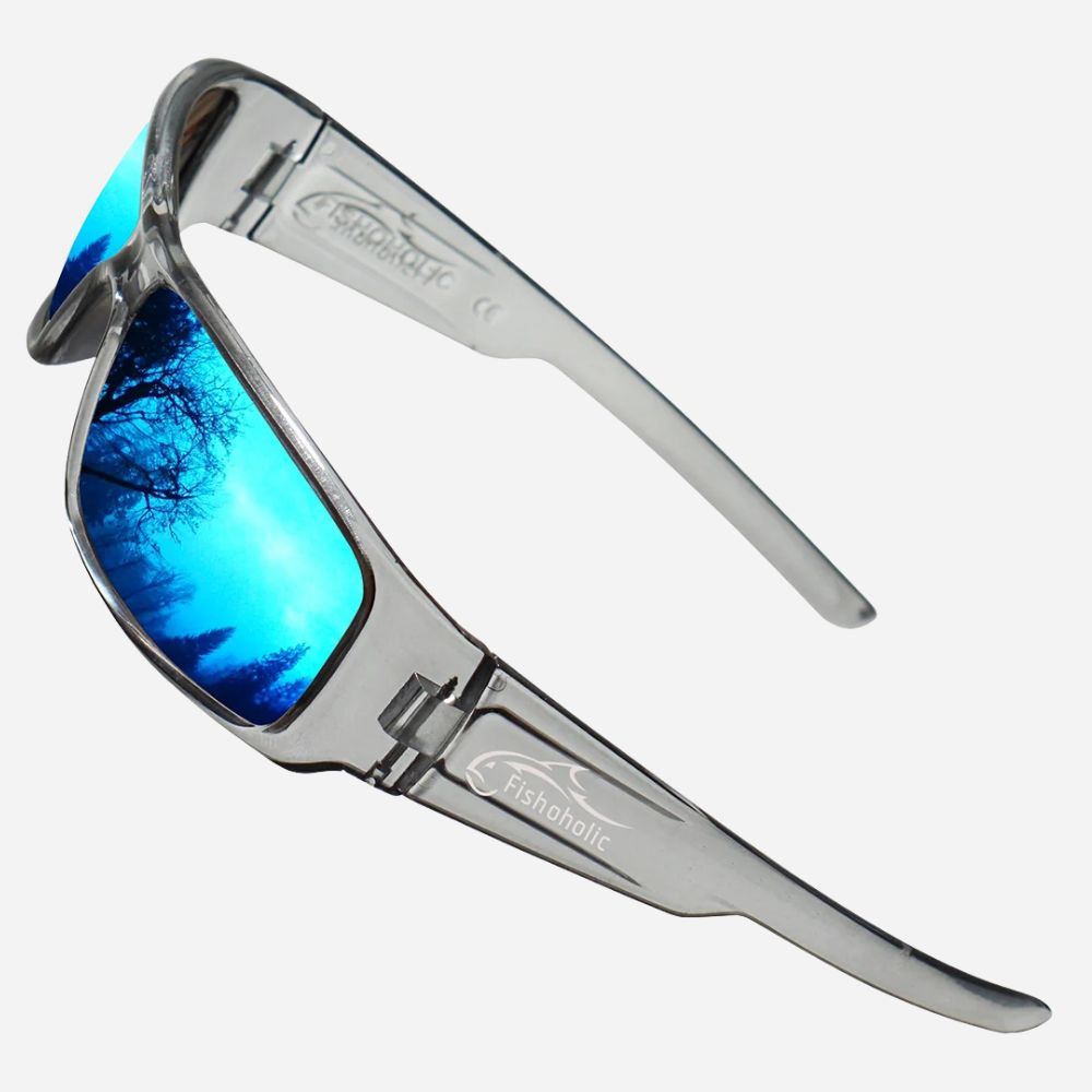 Silver-framed sunglasses with mirrored blue lenses, shown at an angle on a light gray background. The brand name 'Fishbait' is visible on the inner temple arm.