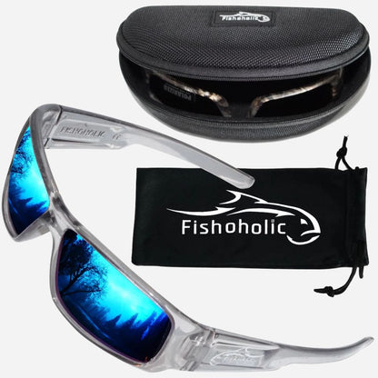 A pair of Fishoholic sunglasses with clear frames and blue mirrored lenses, shown with a black zippered hard case and a black drawstring pouch with the Fishoholic logo.