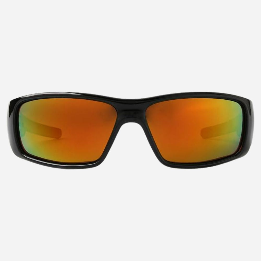 Black wrap-around sunglasses with mirrored orange and green reflective lenses, shown against a light gray background.