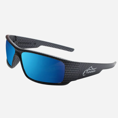 Fishbait wrap-around sunglasses with a black carbon fiber pattern frame and mirrored blue lenses, shown on a light gray background.