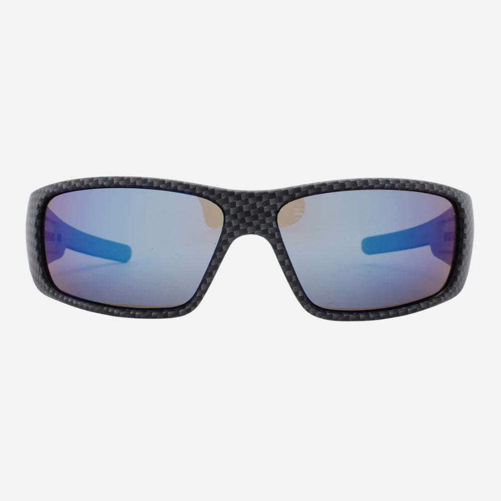 A pair of wrap-around sunglasses with a black carbon fiber textured frame and mirrored blue-purple lenses, shown against a light gray background.